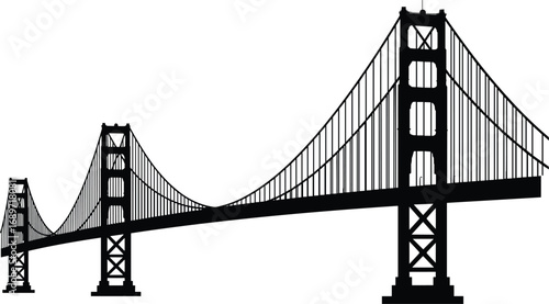 olden Gate Bridge silhouette, iconic suspension structure, black and white vector design, architecture landmark, engineering marvel, famous bridge illustration, cityscape art, travel destination image