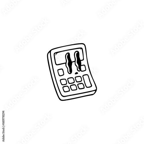 Simple black and white drawing of a small rectangular device with two control knobs and a grid of buttons