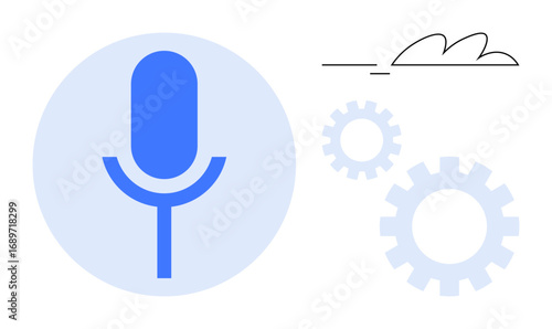 Blue microphone inside a circle with gears and a cloud outline, symbolizing voice technology, cloud computing, automation, AI, innovation, system integration, and seamless operation. Ideal for simple