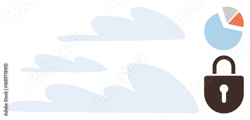Abstract blue clouds with a multi-section pie chart and secure padlock. Ideal for technology, cloud computing, data security, analytics, privacy, business applications, and digital transformation