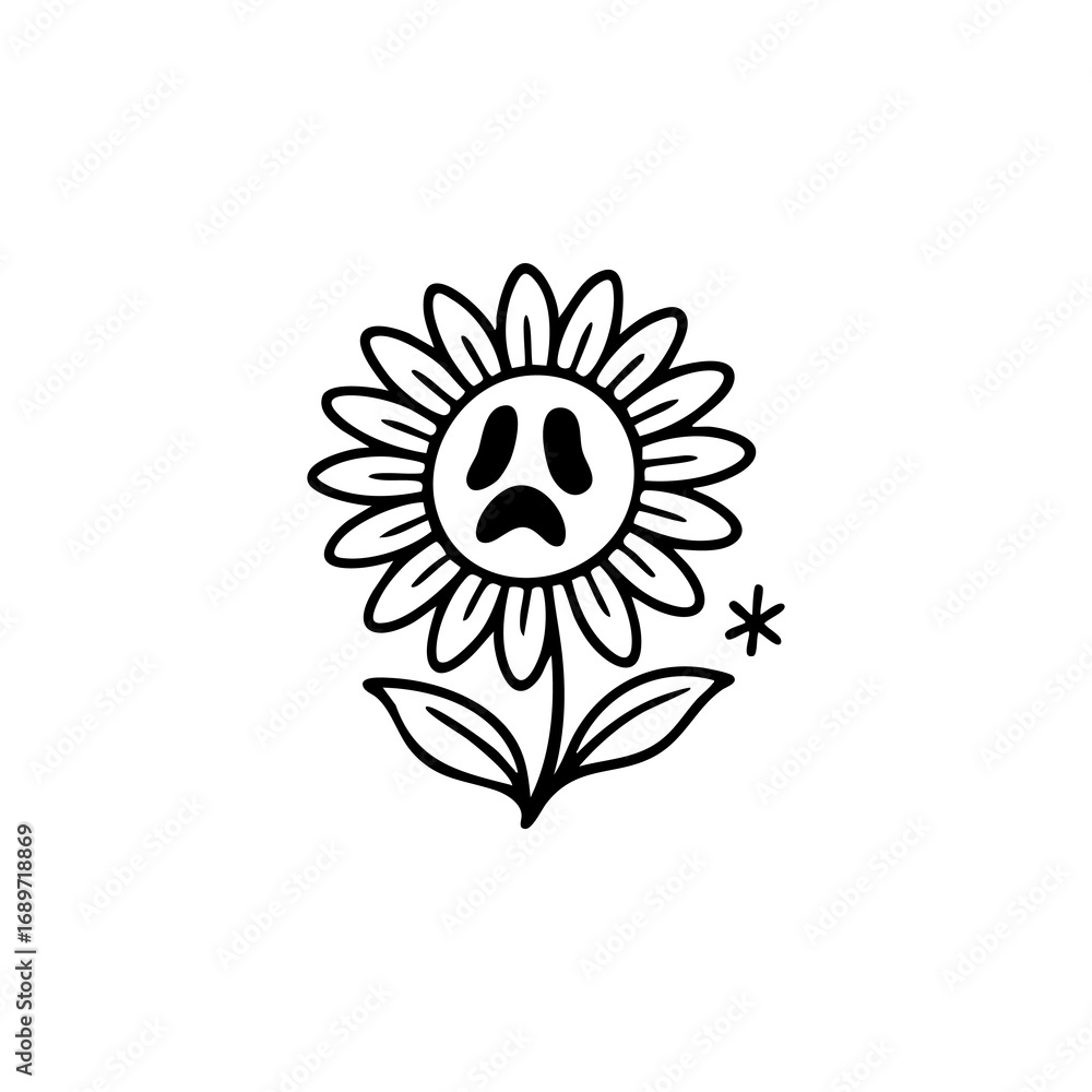 Fototapeta premium Simple black line art of a sunflower with a sad face