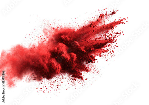 Exploding crimson powder against a black background.  A vibrant, dynamic display of red particles radiating outward in a chaotic, yet structured, pattern