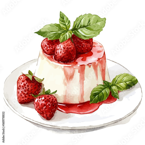 watercolor vector of Panna Cotta, isolated on a white background.