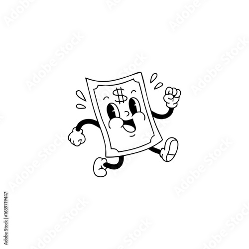 A cartoon dollar bill character is running, with large eyes and a happy expression.  It has arms and legs and is in a black and white style