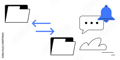 File folders exchanging data via arrows, speech bubble, bell symbol, and cloud storage. Ideal for data sharing, collaboration, notifications, workflow, cloud storage teamwork simple landing page