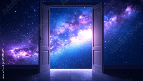 Open doorway into a vibrant cosmic nebula against a dark backdrop, with rich blues, pinks, and purples. Illusion of limitless space beyond threshold