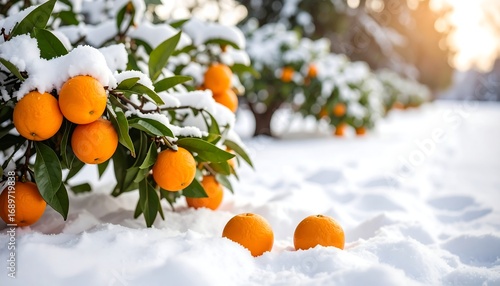 Orange trees covered in snow