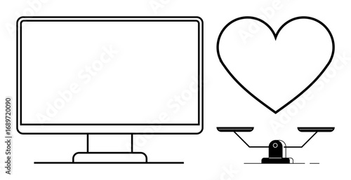 Computer screen next to a heart balanced on scales, emphasizing harmony between technology, health, and emotions. Ideal for wellness, productivity, lifestyle, ethics, decision-making digital