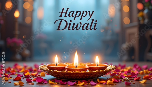 Happy Diwali 2026 Multi-Diya Floral Greeting Card Design Decorative Plate with Lit Oil Lamps and Petals in Warm Interior Setting Traditional Festival Poster for Holiday Messages and Invitations