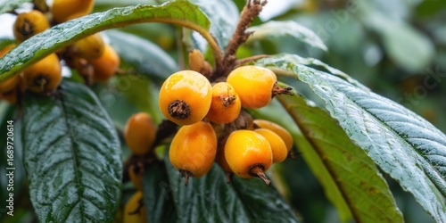 A close-up view of ripe loquat fruit hanging on the tree branch with lush, green leaves.