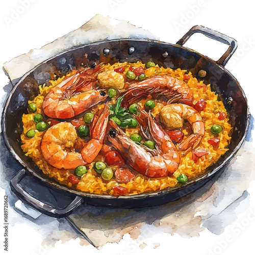 Paella, watercolor clipart vector, isolated on a white background.