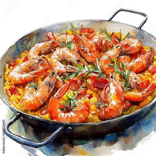 Paella, watercolor drawing vector, isolated on a white background.