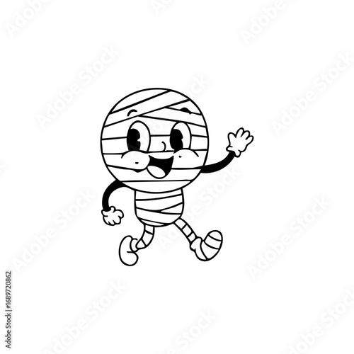 A cartoon mummy character, round body wrapped in bandages, with large eyes and a happy expression, is walking and waving
