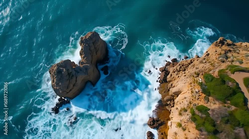 Waves crashing around stunning coastal rock