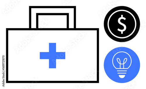 Medical kit with blue cross, black dollar sign for finance, and blue lightbulb for innovation. Ideal for health services, financial planning, innovation, strategy, medical startups, insurance simple