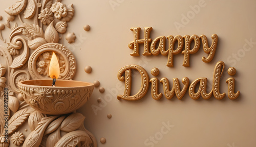 Happy Diwali 2026 Ornate Diya Greeting Card Design Floral Carved Lamp with Beige Background and Golden Typography
