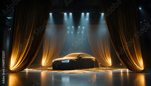 Wallpaper Mural Car presentation with golden drapes and spotlights. Futuristic auto reveal under black fabric in elegant showroom. Modern vehicle debut, luxury automotive concept, exclusive event atmosphere Torontodigital.ca