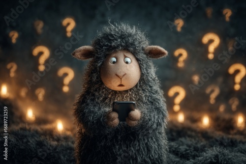 Terrified sheep browses phone in the dead of night. Sheep and phone. How crypto blurs the line between freedom and financial danger. Learn crypto trading. Fast crypto profits.