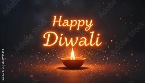 Happy Diwali 2026 Glowing Diya Celebration Poster Warm Orange Typography with Oil Lamp and Sparkling Particles Traditional Festival Greeting Card for Holiday Messages and Invitations
