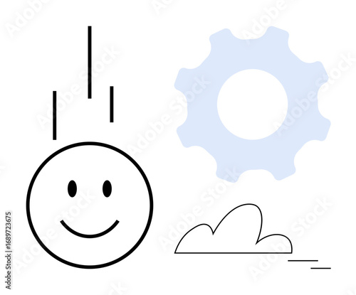 happy face with motion lines, light blue gear, and minimal cloud symbolizing joy, creativity, innovation, and progress. Ideal for teamwork, technology, positivity problem-solving simplicity