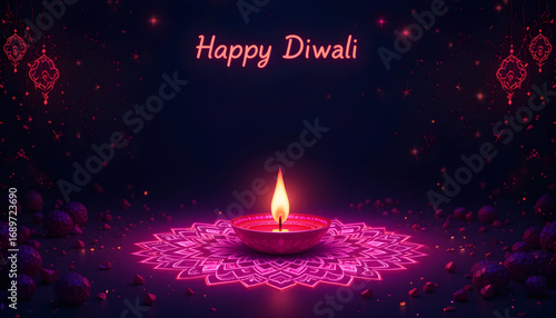 Happy Diwali 2026 Rangoli Diya Celebration Poster Lit Oil Lamp on Pink and Purple Mandala with Ornaments and Sparkles