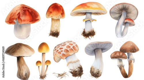 A watercolor illustration features a variety of different mushrooms on a white background.
Concept of: Fungal diversity.