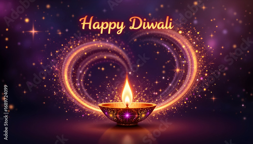 Happy Diwali 2026 Heart Swirl Diya Greeting Card Glowing Oil Lamp with Sparkling Lights on Purple Background Festive Holiday Poster for Celebration, Invitations, and Social Media