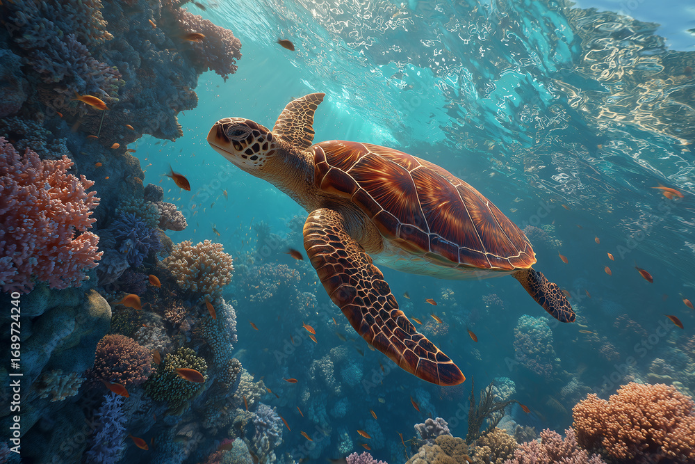 Fototapeta premium Sea turtle swimming over coral reef underwater Beautiful underwater scene with sea turtle gliding gracefully above coral reef in clear tropical ocean water. Marine life photography showing biodiversi