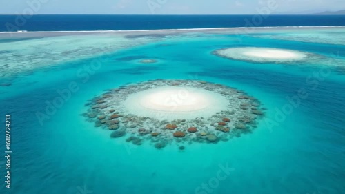 Aerial view of a coral reef forming a perfect circle in the turquoise ocean, with a small sandy islet in the center, highlighting tropical paradise