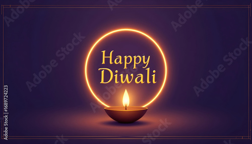 Happy Diwali 2026 Diya Light Halo Greeting Card Golden Typography with Glowing Flame on Purple Background Elegant Festival Poster for Holiday Messages and Invitations