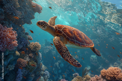 Sea turtle swimming over coral reef underwater  Beautiful underwater scene with sea turtle gliding gracefully above coral reef in clear tropical ocean water. Marine life photography showing biodiversi