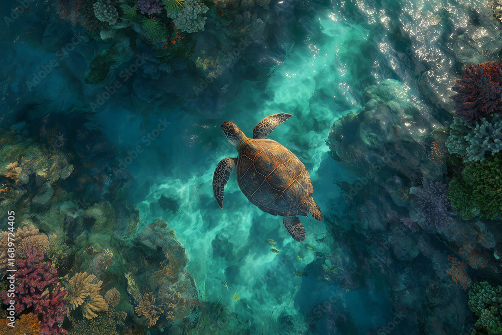 Fototapeta premium Sea turtle swimming over coral reef underwater Beautiful underwater scene with sea turtle gliding gracefully above coral reef in clear tropical ocean water. Marine life photography showing biodiversi