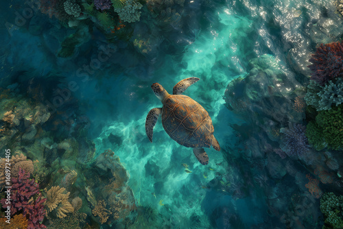 Sea turtle swimming over coral reef underwater  Beautiful underwater scene with sea turtle gliding gracefully above coral reef in clear tropical ocean water. Marine life photography showing biodiversi