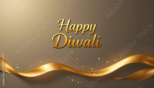 Happy Diwali 2026 Golden Ribbon Greeting Card Design Elegant Script Typography with Sparkles on Brown Gradient Background Luxurious Festival Poster for Holiday Messages and Invitations