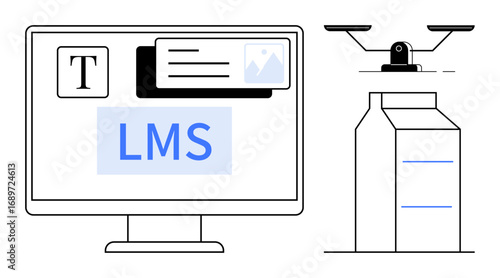 Computer screen displaying LMS elements with text, files, and images alongside delivery Quadcopter hovering over a package box. Ideal for e-learning, logistics, innovation, delivery, technology