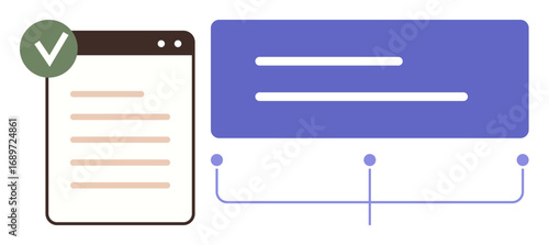 Document with a green checkmark linked to text fields via connectors. Ideal for validation, approval process, analysis, workflow, data mapping, system integration, simple flat metaphor