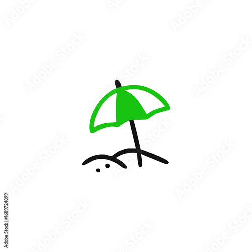 Simple doodle of a green and white beach umbrella on a patch of sand