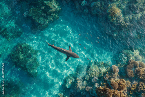 hark swimming over coral reef underwater Dramatic underwater scene with shark swimming above coral reef in clear tropical ocean water. Stunning marine wildlife photography showing biodiversity, reef h