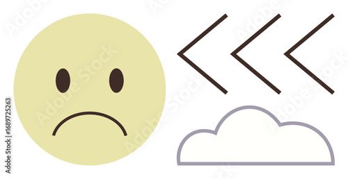 Frowning face with downturned mouth, three backward arrows, outline of a cloud. Ideal for emotion, sadness, delay, disappointment, bad mood negative feedback setback. Simple flat metaphor