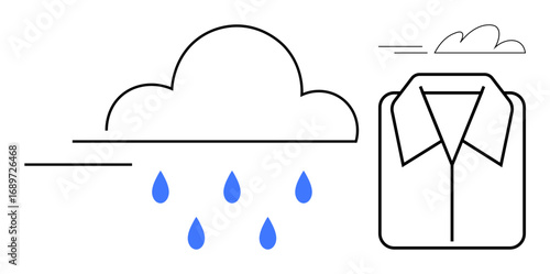 Cloud releasing raindrops beside a formal shirt highlighting weather, protection, and laundry care. Ideal for weather awareness, fabric care, sustainability, dry cleaning, hygiene, environment