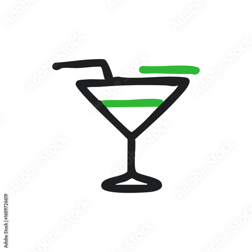 Hand-drawn martini glass with a green top and straw