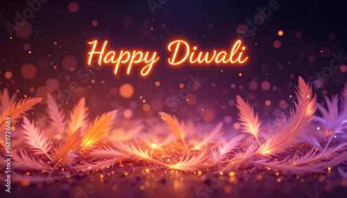 Happy Diwali Festival Greeting Card with Glowing Lights Colorful Feather Motifs and Bokeh Effects on Dark Background Elegant Holiday Poster for Celebration, Invitations, and Social Media