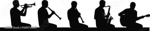 Silhouette of five musicians sitting and playing instruments, trumpet, flute, saxophone, guitar, artistic performance, musical band, black outline, isolated on white background