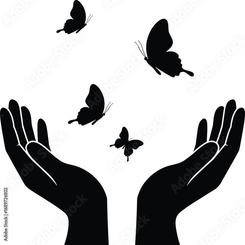 Silhouette of hands releasing butterflies, freedom, nature, peace, transformation, hope, flying insects, kindness, wildlife, environment, black white concept, mindfulness art