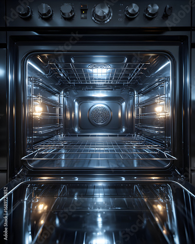 Empty interior of a stainless steel oven with the door open.