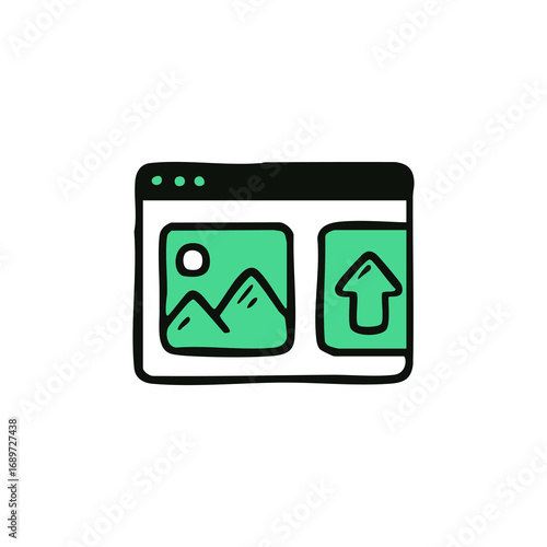 Hand-drawn web browser window with a displayed image and an upload icon