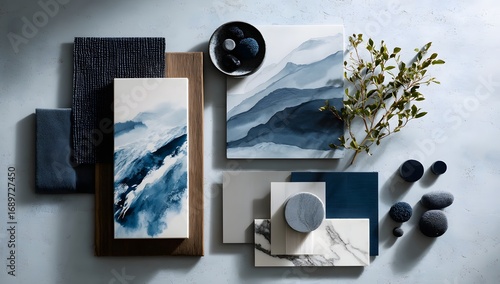 Elegant moodboard displaying a serene blue and white color palette with natural textures and elements for interior design inspiration