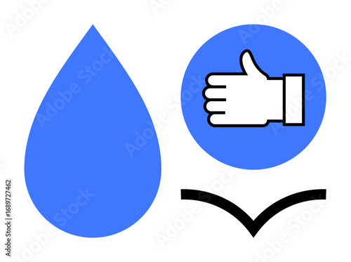 Blue water drop, thumbs-up icon in a circle, and a curved line evoke trust, approval, and environmental themes. Ideal for sustainability, resource management, conservation, hydration endorsement