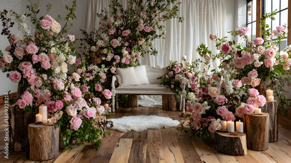 Obraz premium Floral arrangement with bench and candles in a room.