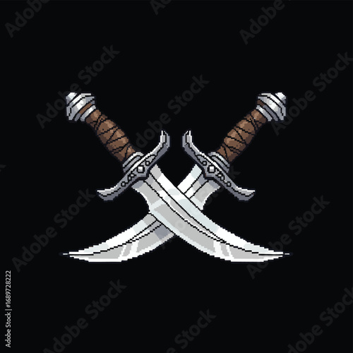 Two crossed daggers with ornate handles and sharp blades.